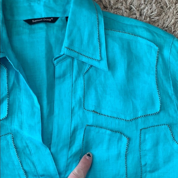 SAMUEL DONG 100% Linen Button Down Teal Top - Picture 12 of 16